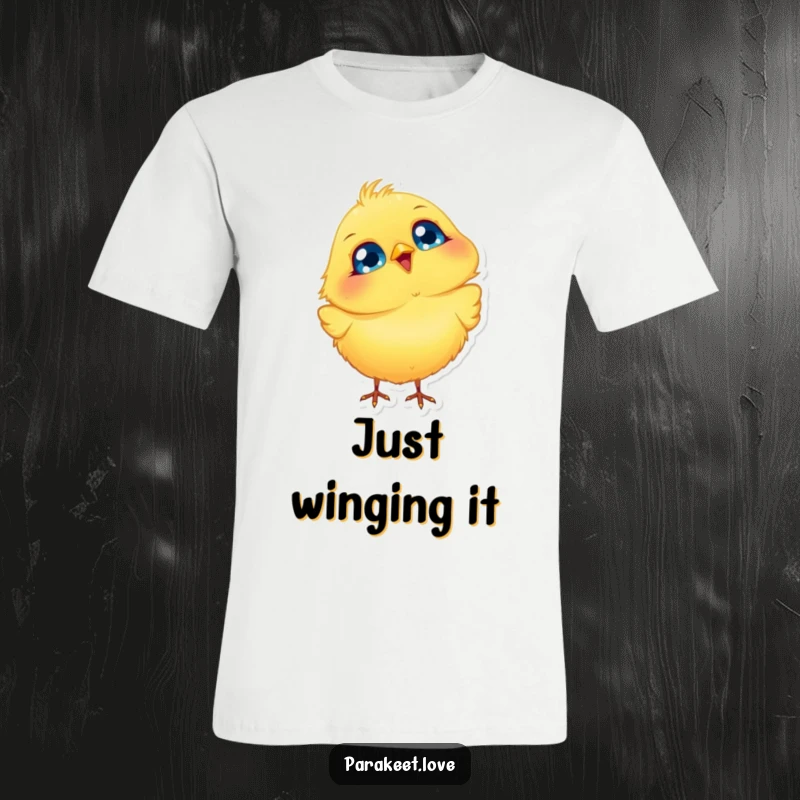 Funny Bird T-Shirt showing a fluffy yellow bird with big blue eyes, joyfully bobbing its head, perfect for cheerful and casual wear.