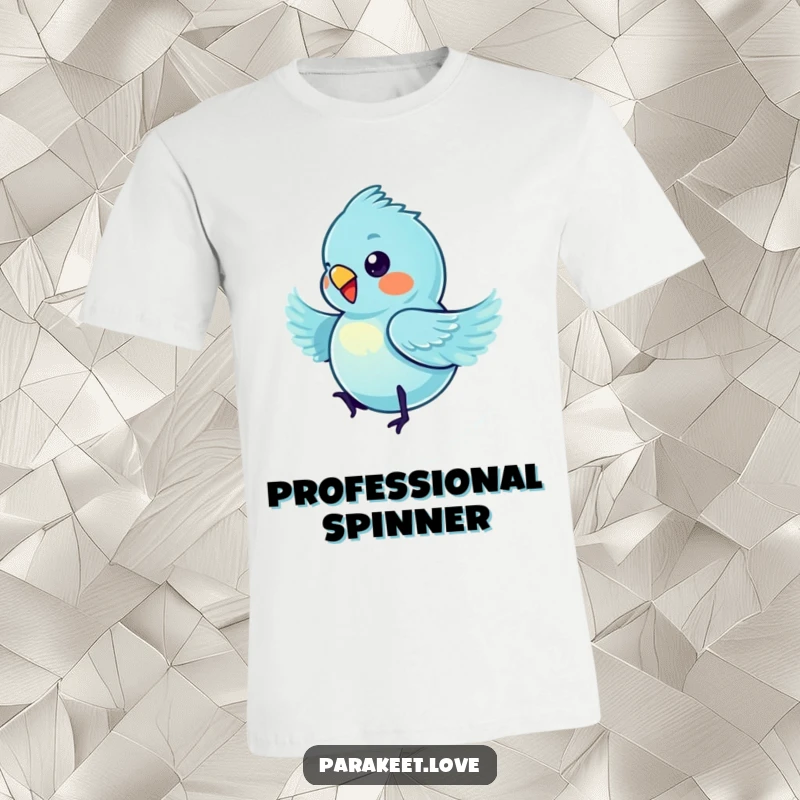 Funny blue parakeet t-shirt featuring a tiny bird spinning in a blur of motion, embodying pure comedic happiness and energy.