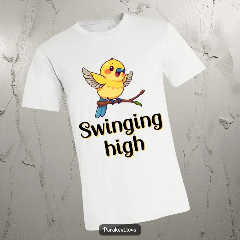 Funny colorful bird t-shirt featuring a bird swinging joyfully on a miniature perch, capturing lively and exciting motion.