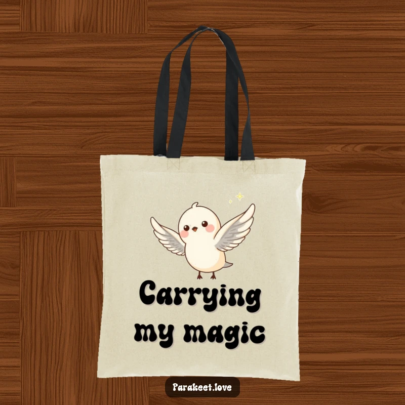 Funny tote bag featuring a petite avian creature flying with wings outstretched, trailing a whimsical sparkle. Stylish and magical.