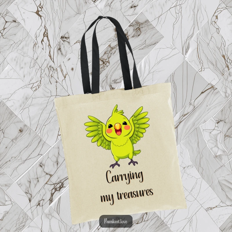 Funny Parrot Tote Bag depicting a bright green parrot playfully squawking with wings spread wide, ideal for shopping and carrying personality.