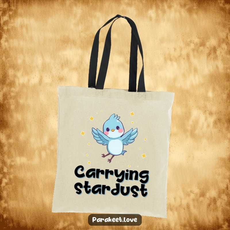 Funny tote bag featuring a tiny, blue feathered character joyfully performing a spinning leap in the air, surrounded by tiny stars. Stylish and humorous.