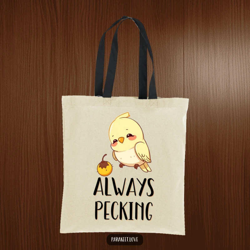 Funny budgie tote bag showing a cheerful bird pecking intently at an imaginary seed, a symbol of focused delight.