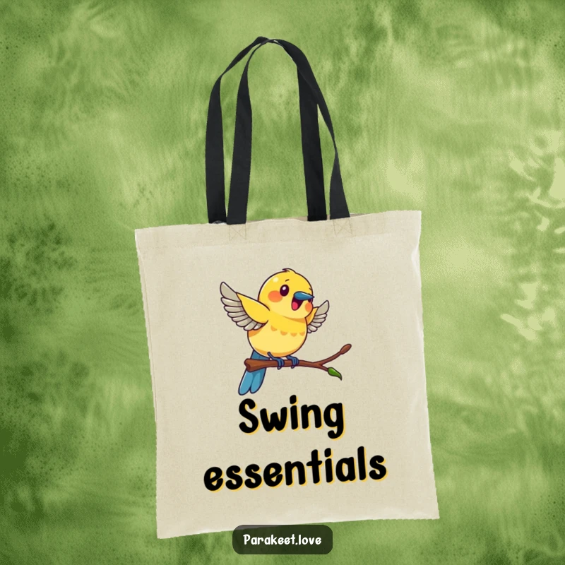 Funny colorful bird tote bag showing a bird swinging enthusiastically on a miniature perch, a symbol of pure joy.